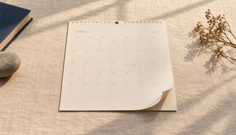 A paper wall calendar page, one corner gently curled, resting flat on the linen, on cream linen in soft window light