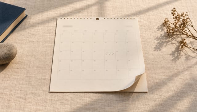 A paper wall calendar page, one corner gently curled, resting flat on the linen, on cream linen in soft window light