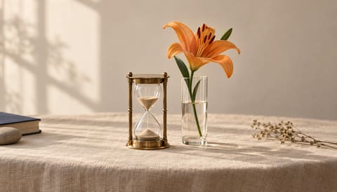 A small brass hourglass beside a single orange lily in a slim glass, on cream linen in soft window light