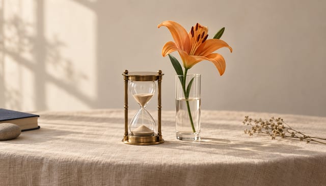 A small brass hourglass beside a single orange lily in a slim glass, on cream linen in soft window light