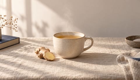 A ceramic cup of pale ginger tea, steam rising, one slice of fresh ginger beside it, on cream linen in soft window light