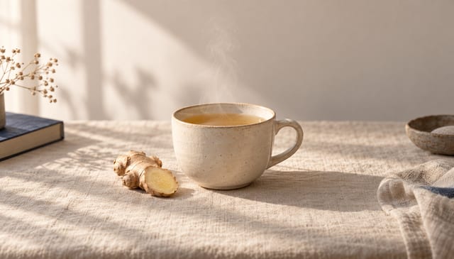 A ceramic cup of pale ginger tea, steam rising, one slice of fresh ginger beside it, on cream linen in soft window light