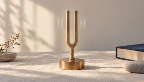 A brass tuning fork standing on its base, a faint ring of motion in the air around its tines, on cream linen in soft window light