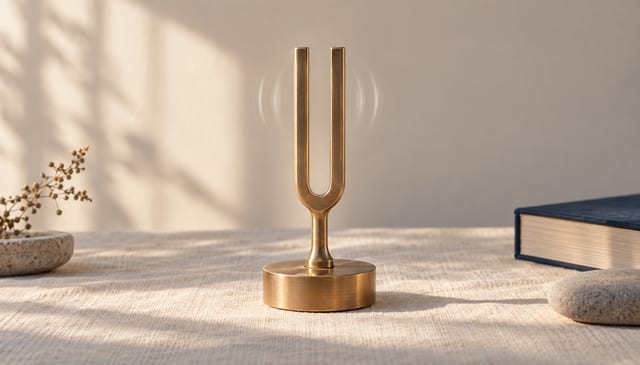 A brass tuning fork standing on its base, a faint ring of motion in the air around its tines, on cream linen in soft window light