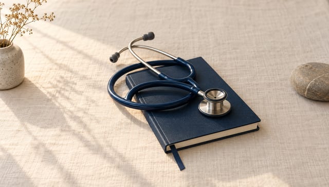 A stethoscope, coiled, its chestpiece resting on a closed navy notebook, on cream linen in soft window light
