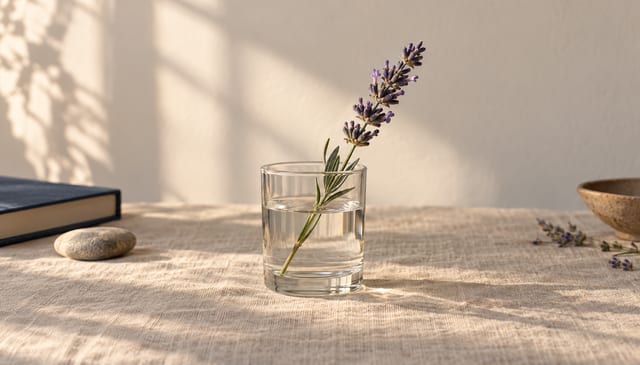 A sprig of fresh lavender in a small clear glass of water, on cream linen in soft window light