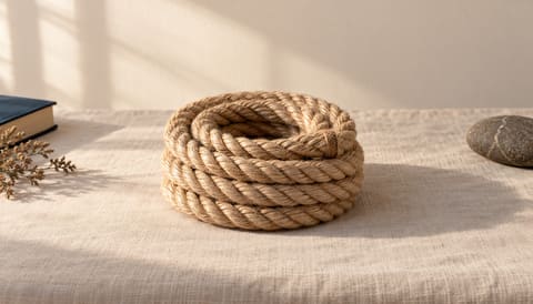 A length of thick natural rope, neatly coiled, the end tucked in, on cream linen in soft window light