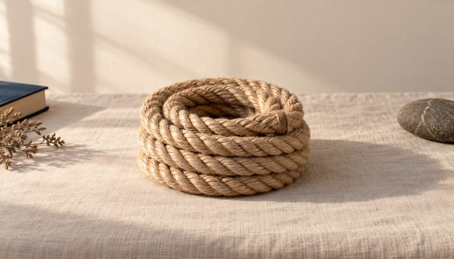 A length of thick natural rope, neatly coiled, the end tucked in, on cream linen in soft window light
