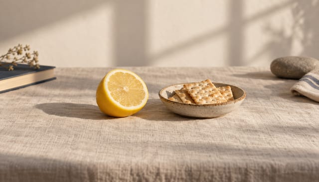 A halved lemon and a small dish of plain crackers, on cream linen in soft window light