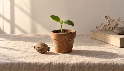 A closed seed pod beside a single seedling sprouting from a small clay pot, on cream linen in soft window light