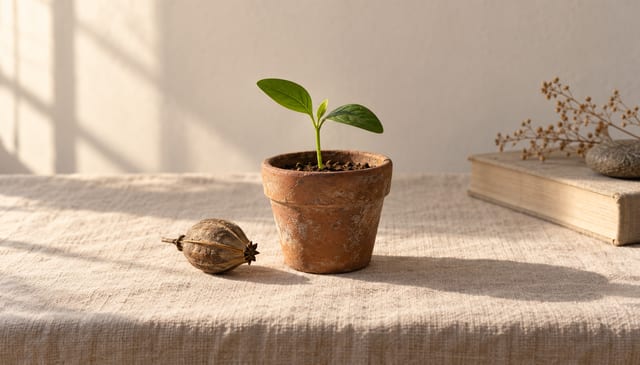 A closed seed pod beside a single seedling sprouting from a small clay pot, on cream linen in soft window light