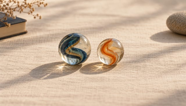 Two clear glass marbles side by side, one slightly larger, each holding a small spiral of colour, on cream linen in soft window light