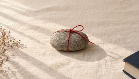 A smooth grey river stone with a single red thread tied around it, on cream linen in soft window light