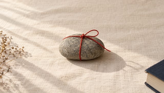 A smooth grey river stone with a single red thread tied around it, on cream linen in soft window light