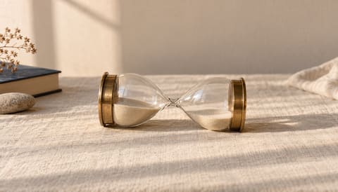 An hourglass lying on its side, the sand divided between the two bulbs, on cream linen in soft window light