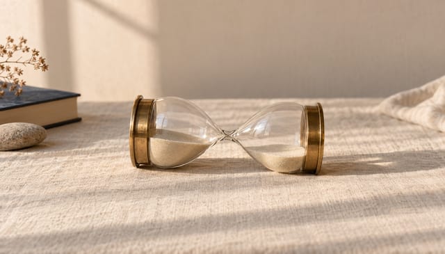An hourglass lying on its side, the sand divided between the two bulbs, on cream linen in soft window light