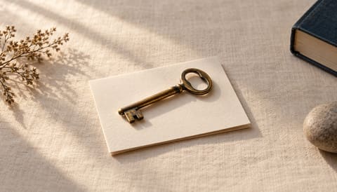 An old brass door key resting on a folded cream card, on cream linen in soft window light