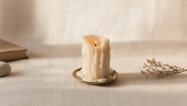 A single candle nearly extinguished, with melted wax pooled at its base, on cream linen