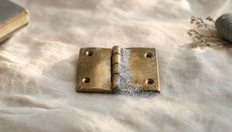 An aged brass hinge resting on cream linen with a few small table-edge objects to the sides