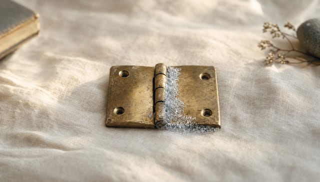 An aged brass hinge resting on cream linen with a few small table-edge objects to the sides