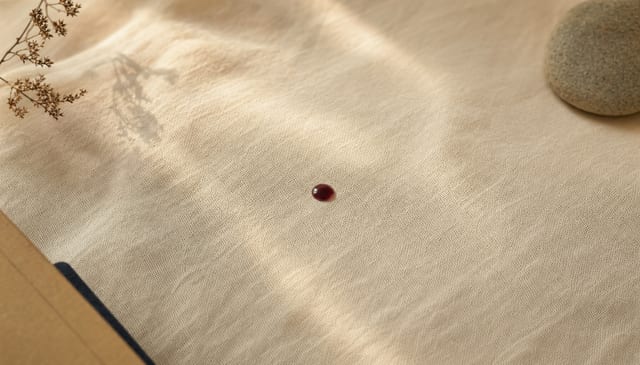 A single deep-garnet drop on cream linen