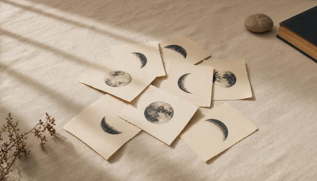 Scattered moon-phase prints on cream paper