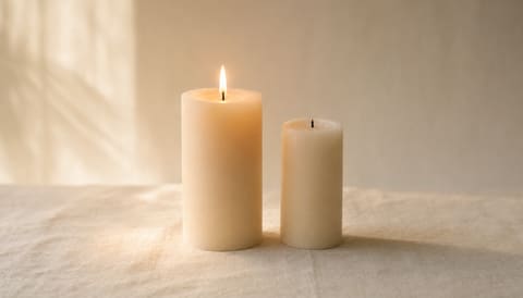 Two pillar candles side by side — one lit and full-sized, the other unlit and visibly diminished