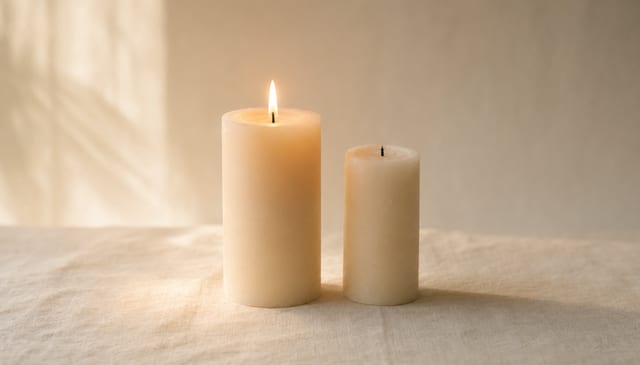 Two pillar candles side by side — one lit and full-sized, the other unlit and visibly diminished