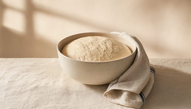 Bread dough mid-rise on a floured cream linen surface