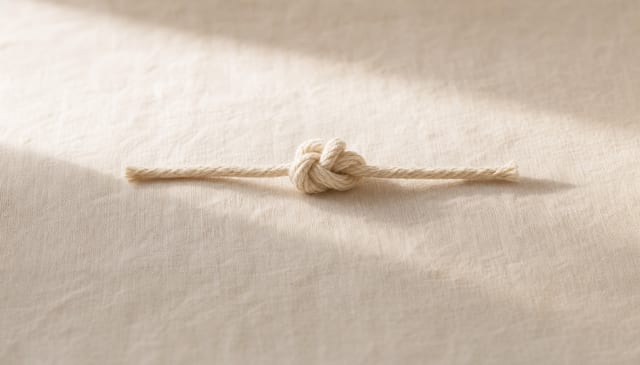 A tightly tied knot in cream string resting on cream linen — visual metaphor for head pressure
