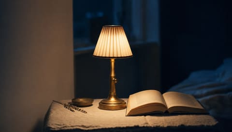 A bedside lamp lit beside an open book at late hours on cream linen