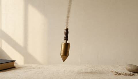 A brass pendulum captured visibly off-center mid-swing on cream linen