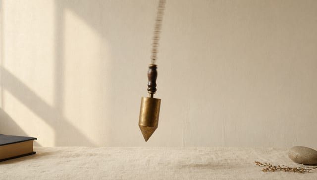A brass pendulum captured visibly off-center mid-swing on cream linen