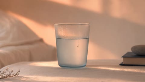 A bead of condensation on a cool drinking glass at first dawn light, on cream linen