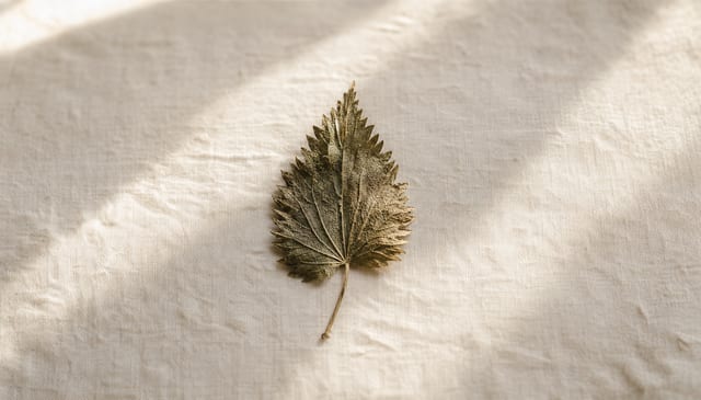 A dried nettle leaf on cream linen