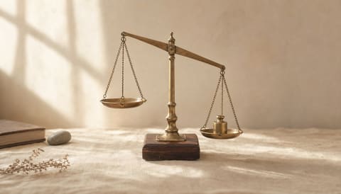 An antique brass apothecary balance scale, slightly off-balance, on cream linen