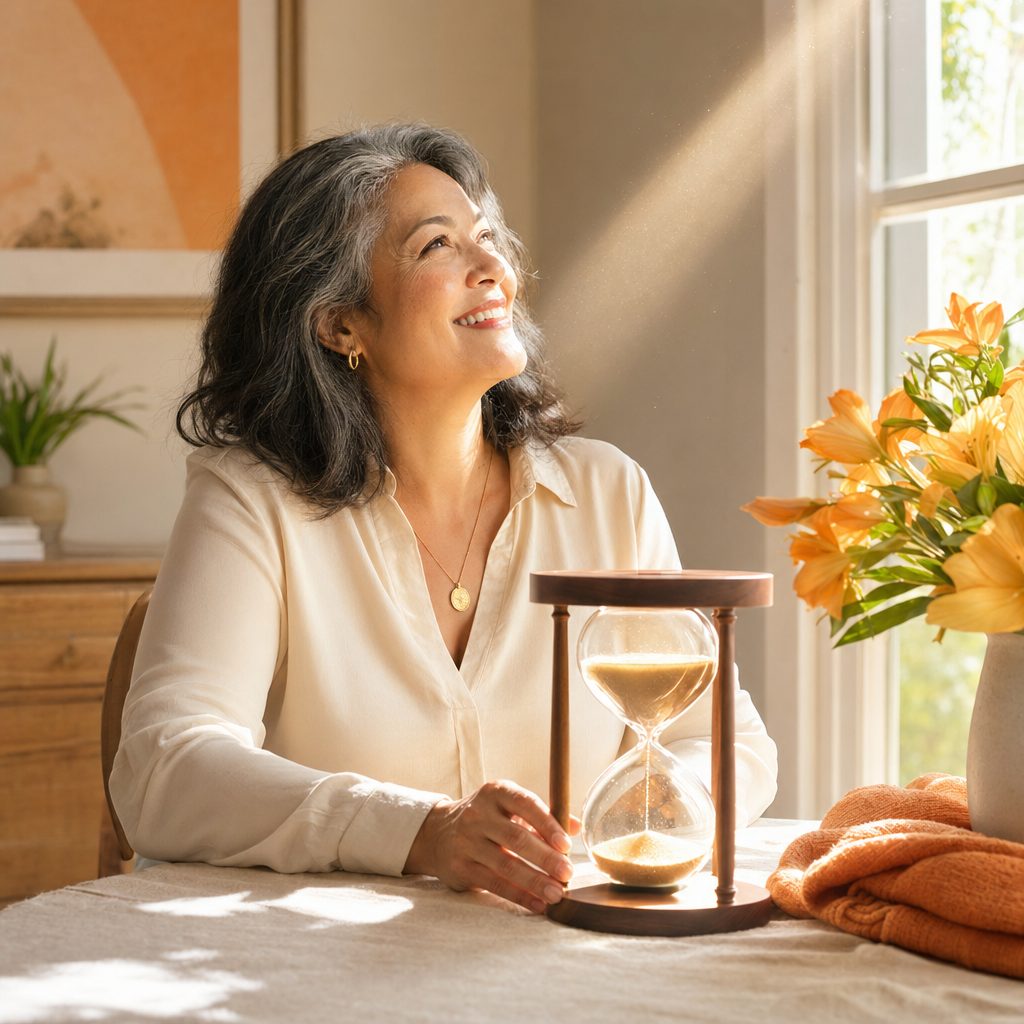 Menopause Symptoms hub — hourglass mid-flow with sun-warmed cream linen