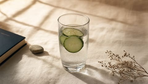 A clear glass of water with a single thin slice of cucumber on cream linen