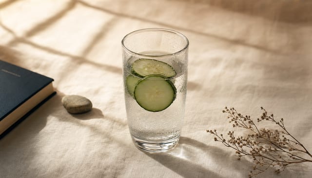 A clear glass of water with a single thin slice of cucumber on cream linen