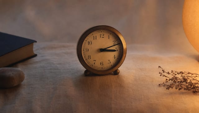 A small brass alarm clock at 3:00am beside a dimly lit lamp on cream linen