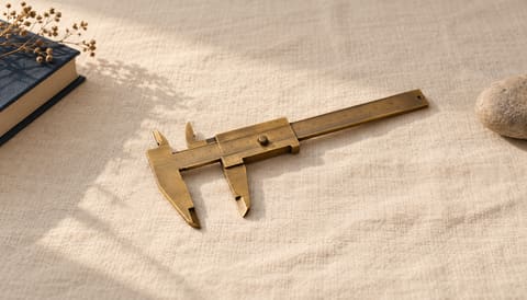 A pair of brass vernier calipers lying open on cream linen, on cream linen in soft window light