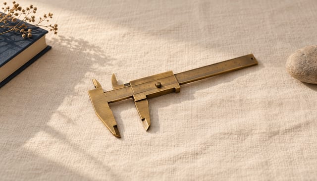 A pair of brass vernier calipers lying open on cream linen, on cream linen in soft window light