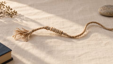 A length of frayed natural twine, partly rewoven back together, on cream linen in soft window light