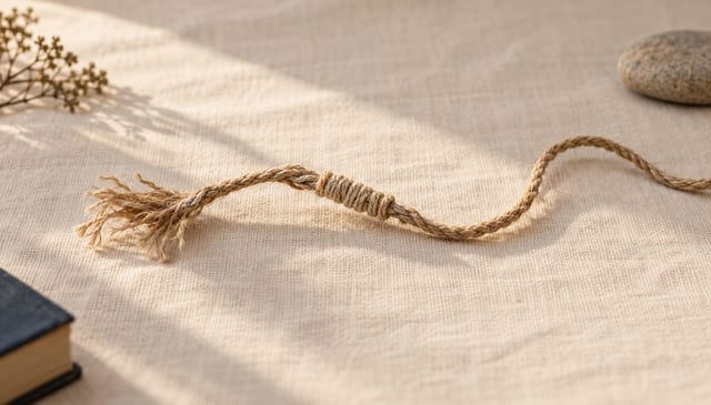 A length of frayed natural twine, partly rewoven back together, on cream linen in soft window light