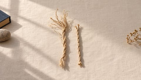 Two lengths of natural twine side by side, frayed in different ways, on cream linen in soft window light