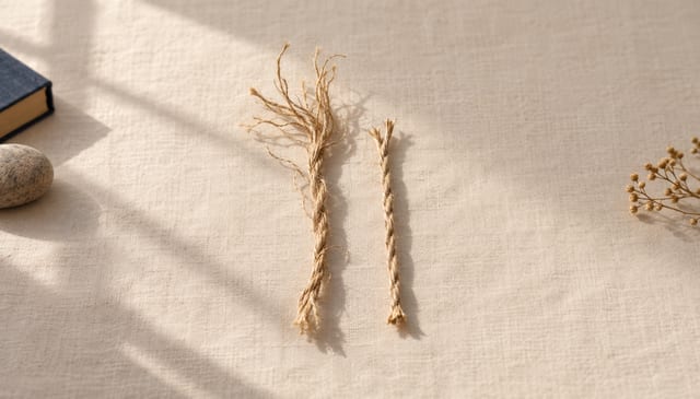 Two lengths of natural twine side by side, frayed in different ways, on cream linen in soft window light
