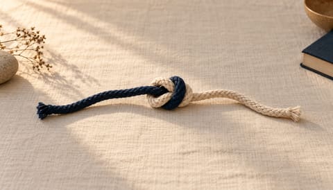 Two cords, one navy and one natural, one knotted onto the other, on cream linen in soft window light