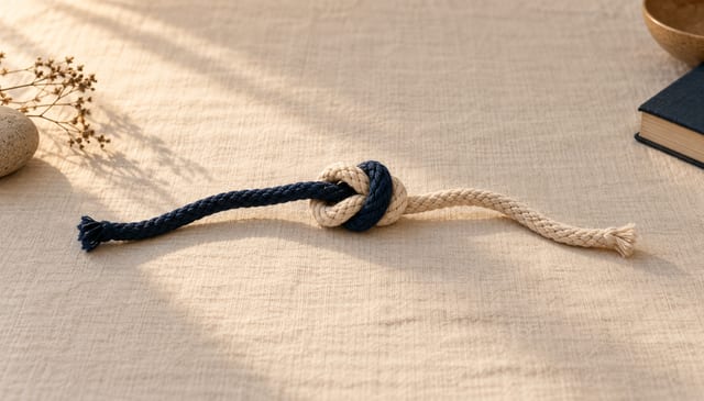 Two cords, one navy and one natural, one knotted onto the other, on cream linen in soft window light