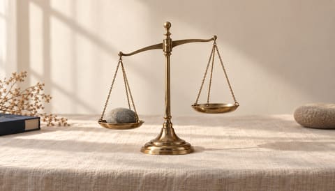 A brass balance scale, one pan holding a single smooth stone, the other pan empty, on cream linen in soft window light