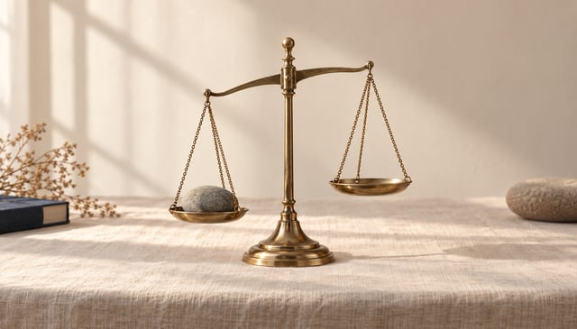 A brass balance scale, one pan holding a single smooth stone, the other pan empty, on cream linen in soft window light
